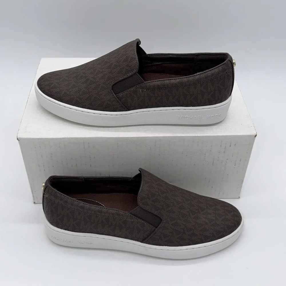 Michael Kors Keaton Slip On Women's 9M Brown MK Logo Sneakers NEW